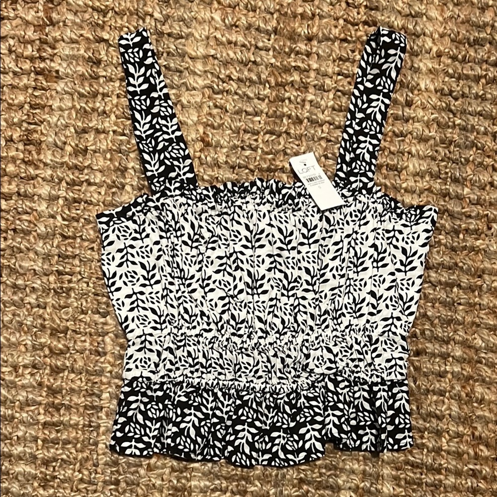 LOFT Black and White Smocked Fitted Tank Top